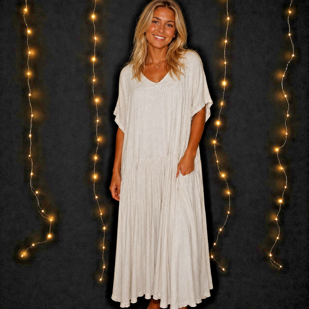 FREE PEOPLE Beach Just Add Sun Midi Dress Small Oversized Oatmeal Scandi Girl